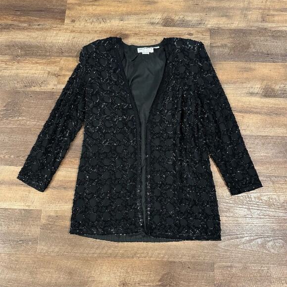 VTG Scala Black Sequin Beaded Jacket Size M Formal Wear 100% Silk NYE Party READ - Picture 1 of 9